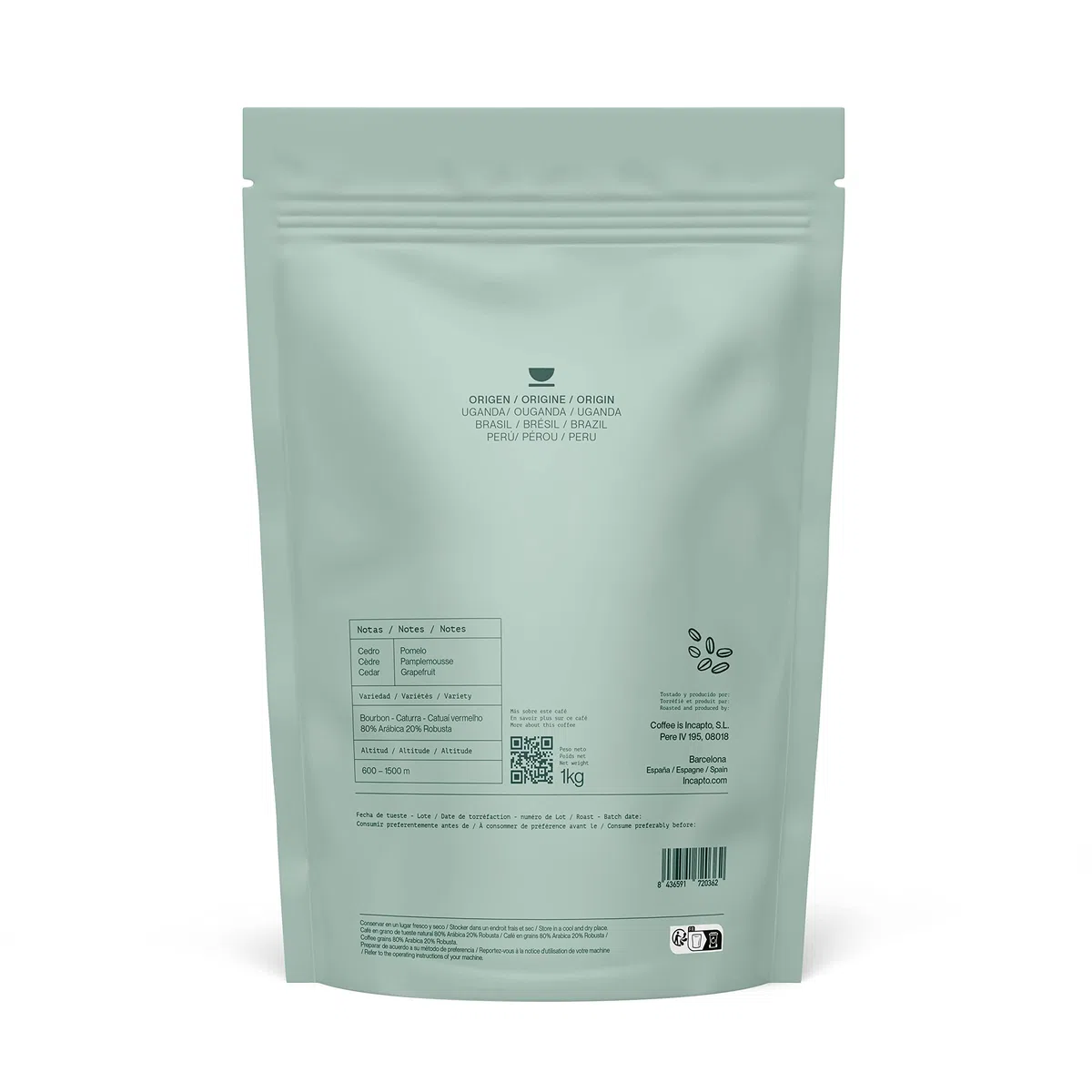Incapto Caffè in Grani Strong Blend 1kg | Miscela 80% Arabica e 20% Robusta | Forte e Amaro | Orígines Uganda, Brasile e Perù | Tostatura Naturale