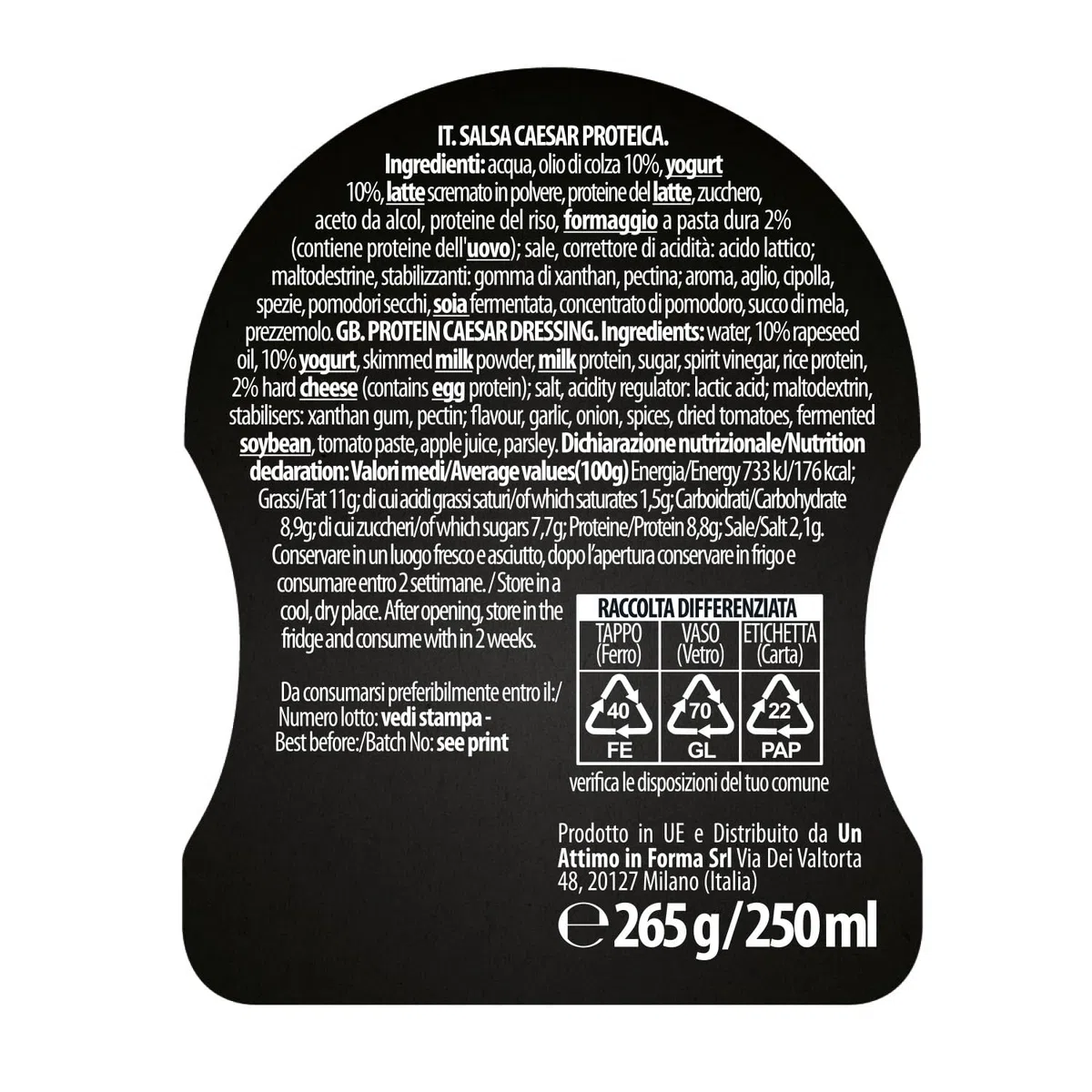 1 Attimo in Forma | Salsa 20% Proteica Gusto Caesar Dressing Condimento 250 ml a Basso Contenuto di Calorie e Grassi - Fonte di Proteine Salutare Benessere Gustosa Pranzo Cena Insalata