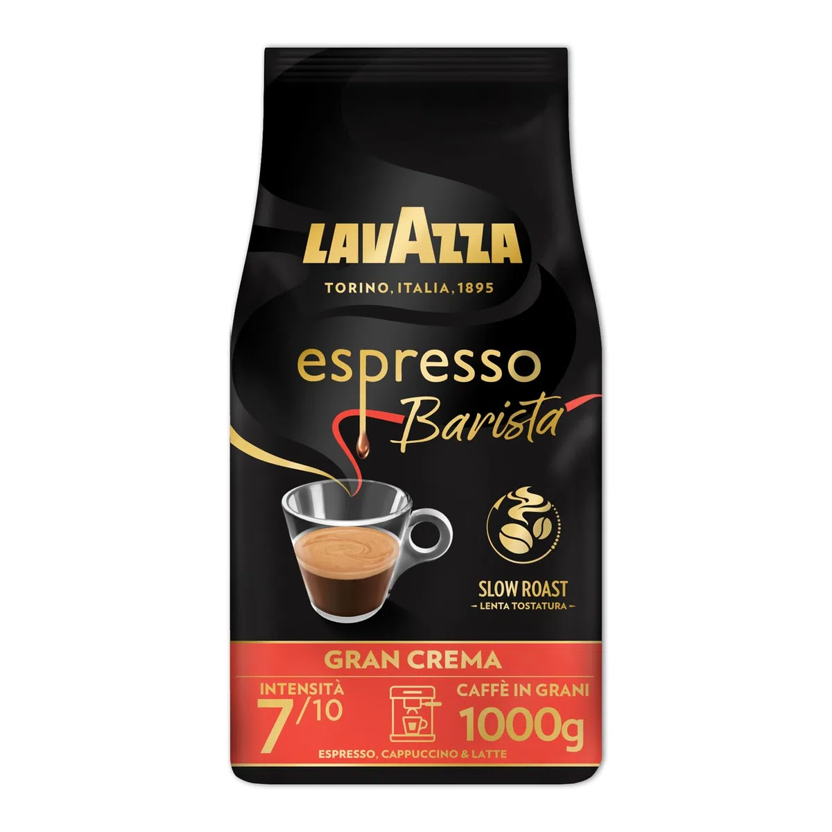 Lavazza, Espresso Barista Gran Crema, Caffè in Grani Tostati a Tamburo, Ideali per Macchine da Caffè Espresso, Note Aromatiche di Fiori, Arabica e Robusta, Intensità 7/10, Tostatura Leggera, 1 kg