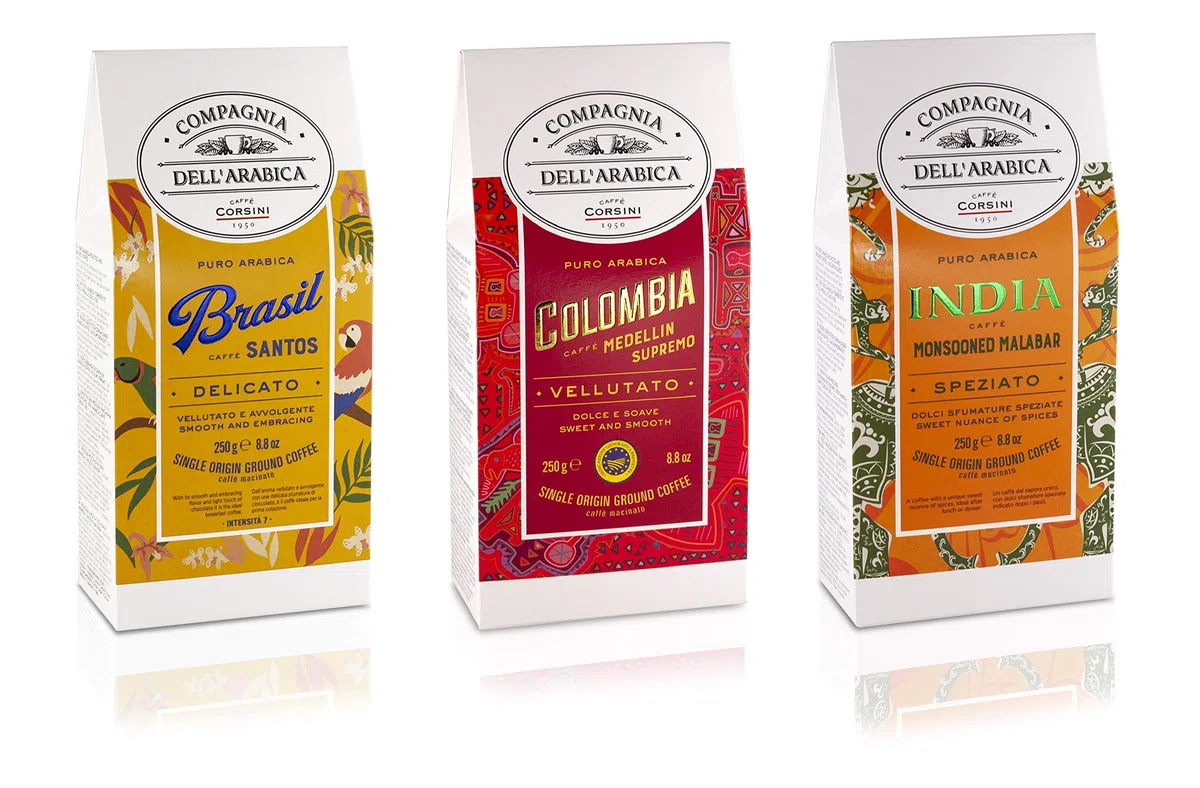 Caffè Corsini Compagnia Dell'Arabica, Tris of ground coffee, Brazil Colombia India, Arabica, Monorigine Specialty Coffee, Pack of 3 Coffees, 3 x 250 g