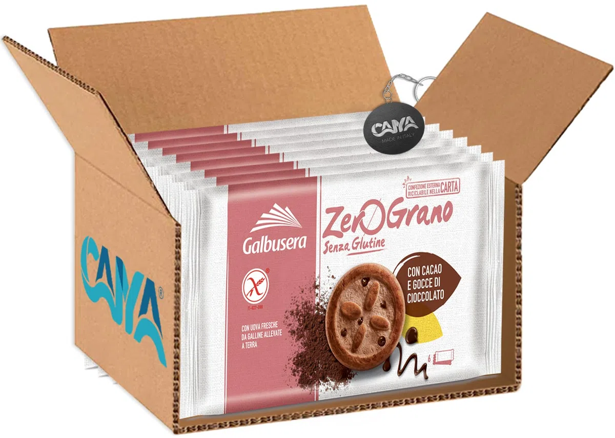 Galbusera ZeroGrano Frollini con Cacao e Gocce di Cioccolato, Senza Glutine e Lattosio (Gluten & Lactose Free) 220g [CAIYA® BOX da 8 Confezioni]