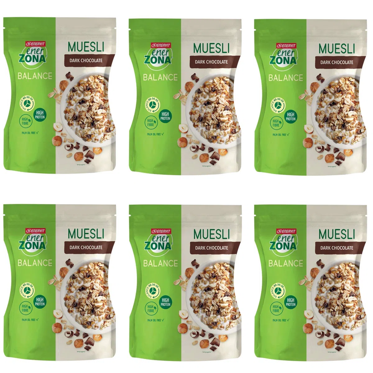 Enervit, Muesli Dark Chocolate, Sacchetto da 230 Grammi, Cereali per una Colazione Proteica, con Cioccolato e Granella di Nocciola, Granola con Proteine della Soia, Bilanciati 40-30-30