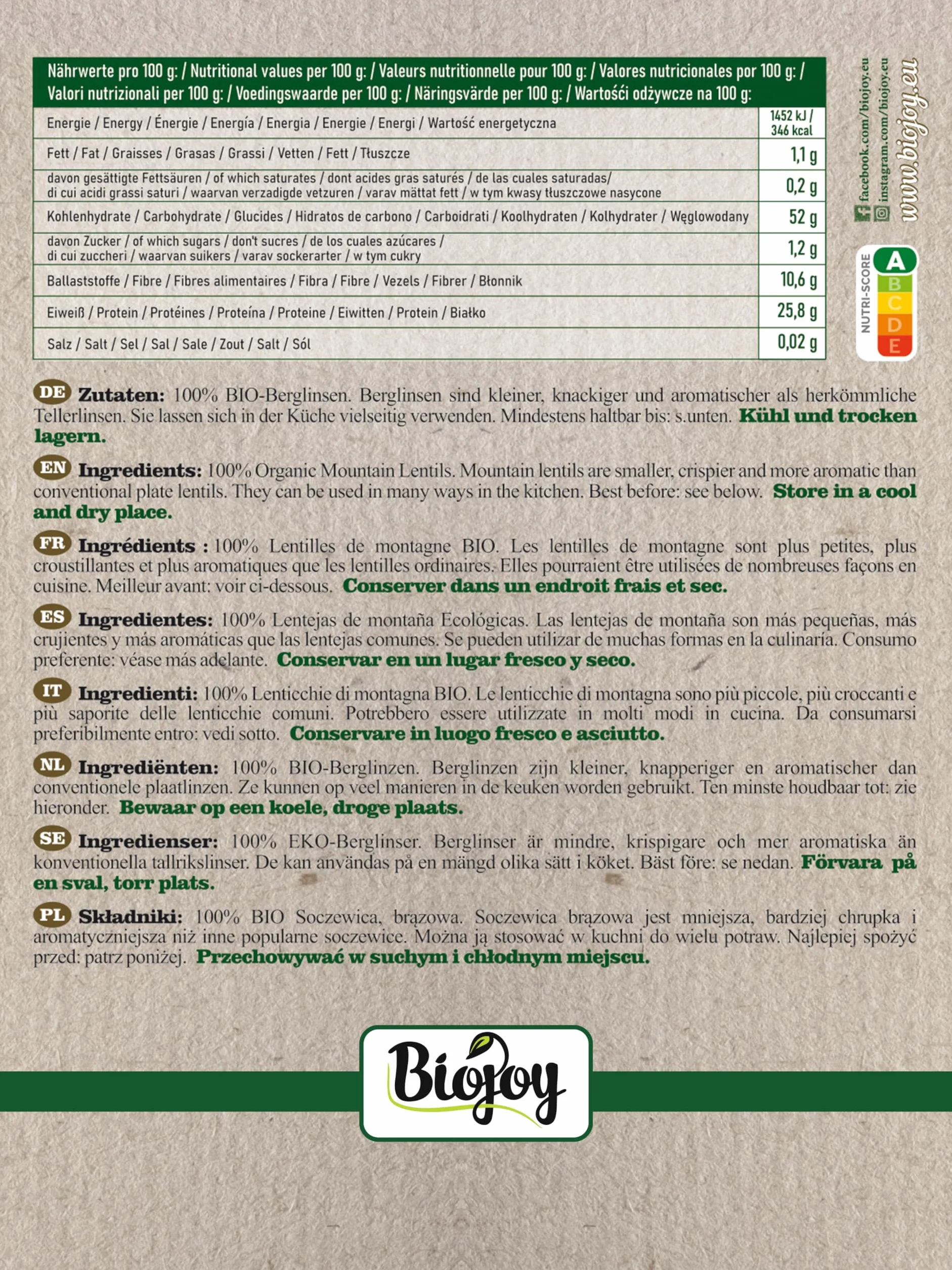 Biojoy Lenticchie marroni BIO (2,5 kg), essiccati e interi, Lenticchie di Montagna