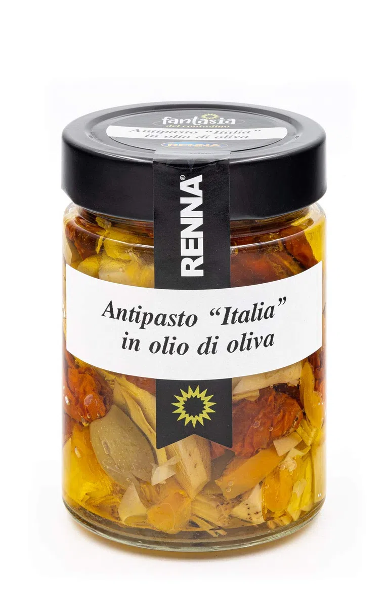 Fantasia del Contadino - Mix antipasti verdure sott'olio di oliva - Peperoncini ripieni, Pomodori "Sunpomò", Carciofi grigliati, Filetti di peperone, Antipasto "Italia", Funghi Champignon grill