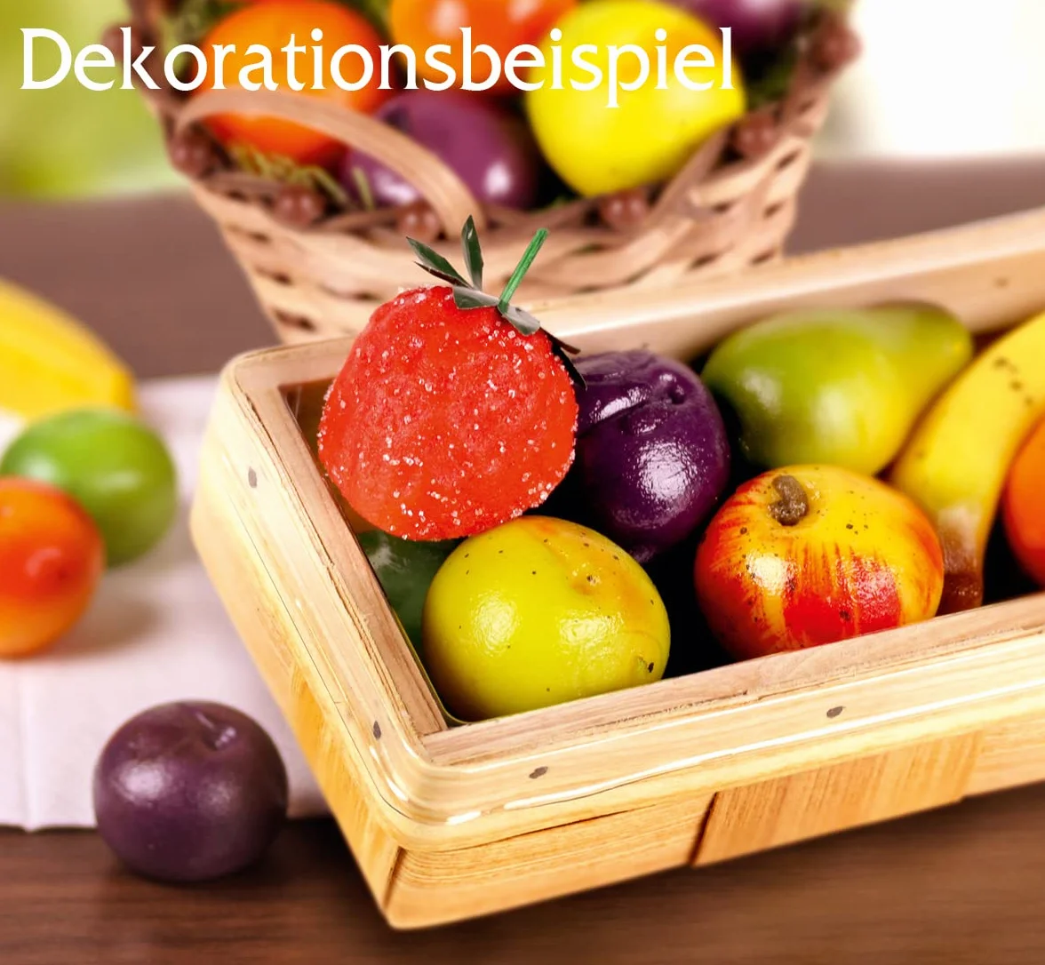 Cesto regalo di frutta di marzapane Odenwald in una scatola di legno da 225 g. Contiene 15 g di frutta: banane, fragole, pere, arance, prugne Mirabelle, mele, prugne.