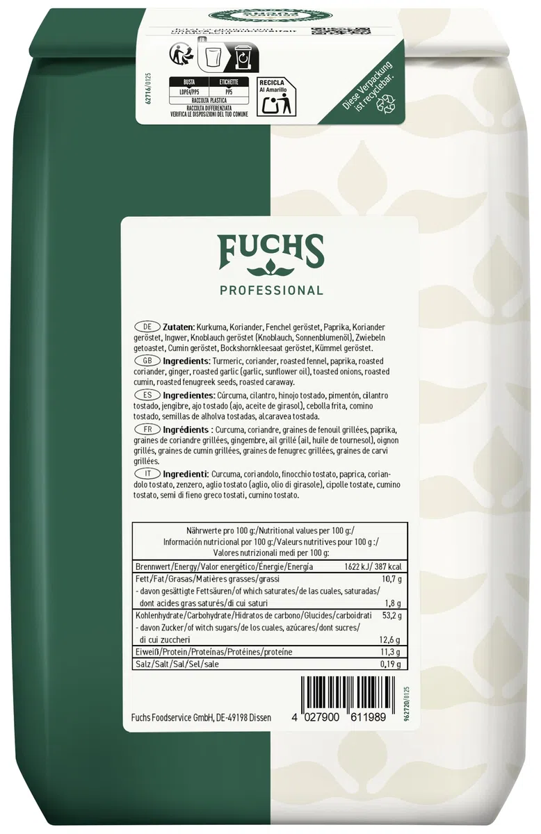 Fuchs Professional - Curry arrostito, preparato di spezie | 1,2 kg in un sacchetto riciclabile | curry in polvere con aroma tostato | qualità professionale per professionisti Ho.re.ca