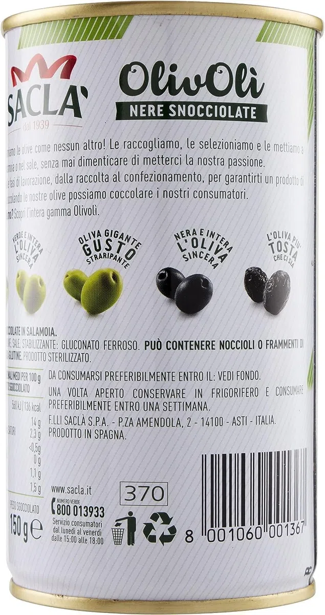 Saclà, OlivOlì, Olive Nere Denocciolate, Ideali per Insalate e per Arricchire i Tuoi Piatti, Lattina, 330g (150g sgocciolato), Confezione da 12 pezzi