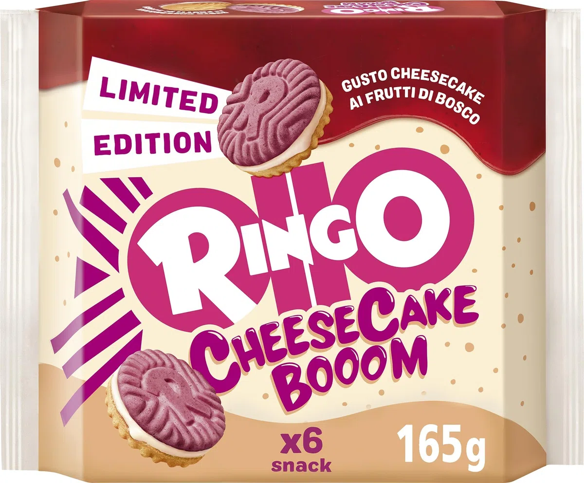 Pavesi Snack Ringo Cheesecake Booom, Biscotti Farciti con Crema Dolce al Formaggio e Biscotti ai Frutti di Bosco e Malto d'Orzo, Snack per Merenda o Pausa Studio, 165g