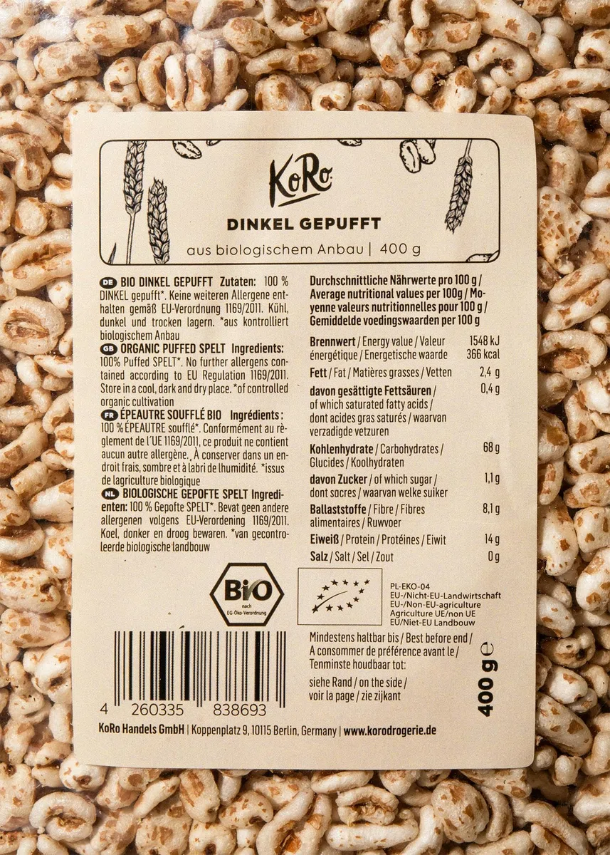 KoRo - Farro soffiato bio 6 x 400 g - Senza zuccheri aggiunti - 100% bio e vegan - Cereali soffiati senza additivi - Nel latte o come base per barrette e porridge