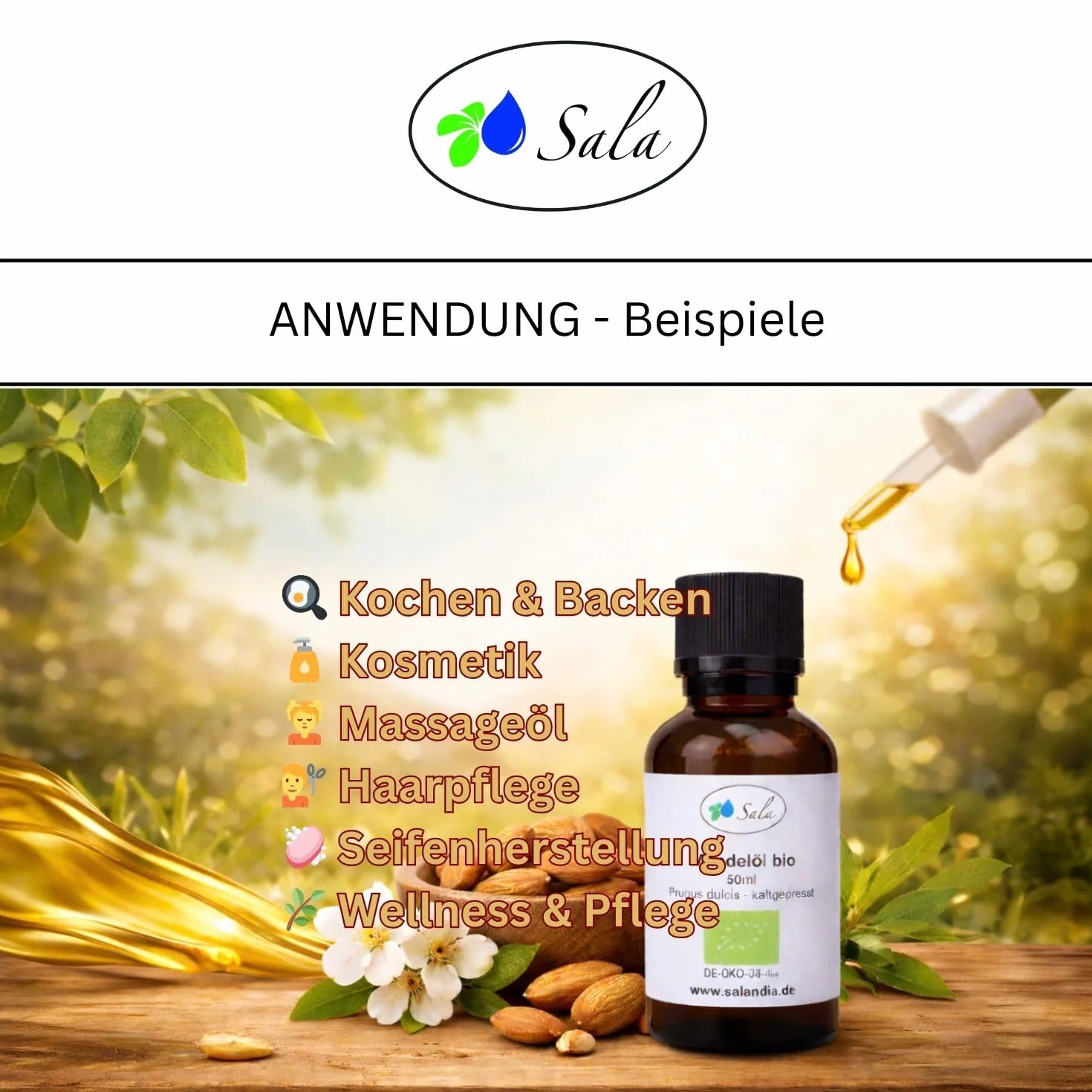 Sala Olio di mandorle biologico spremuto a freddo (flacone di vetro da 500 ml)
