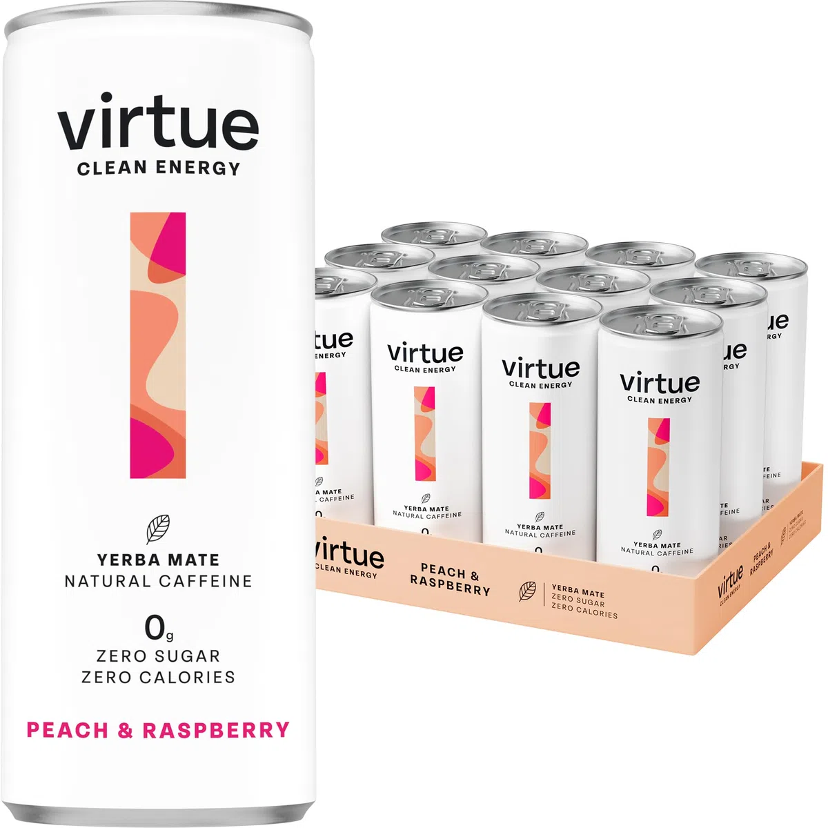 Virtue Yerba Mate - Energy Drink Naturale - Senza Zucchero, Zero Calorie, Vegano, Keto, Senza Glutine. Pacco da 12x250ml (Pesca & Lampone)