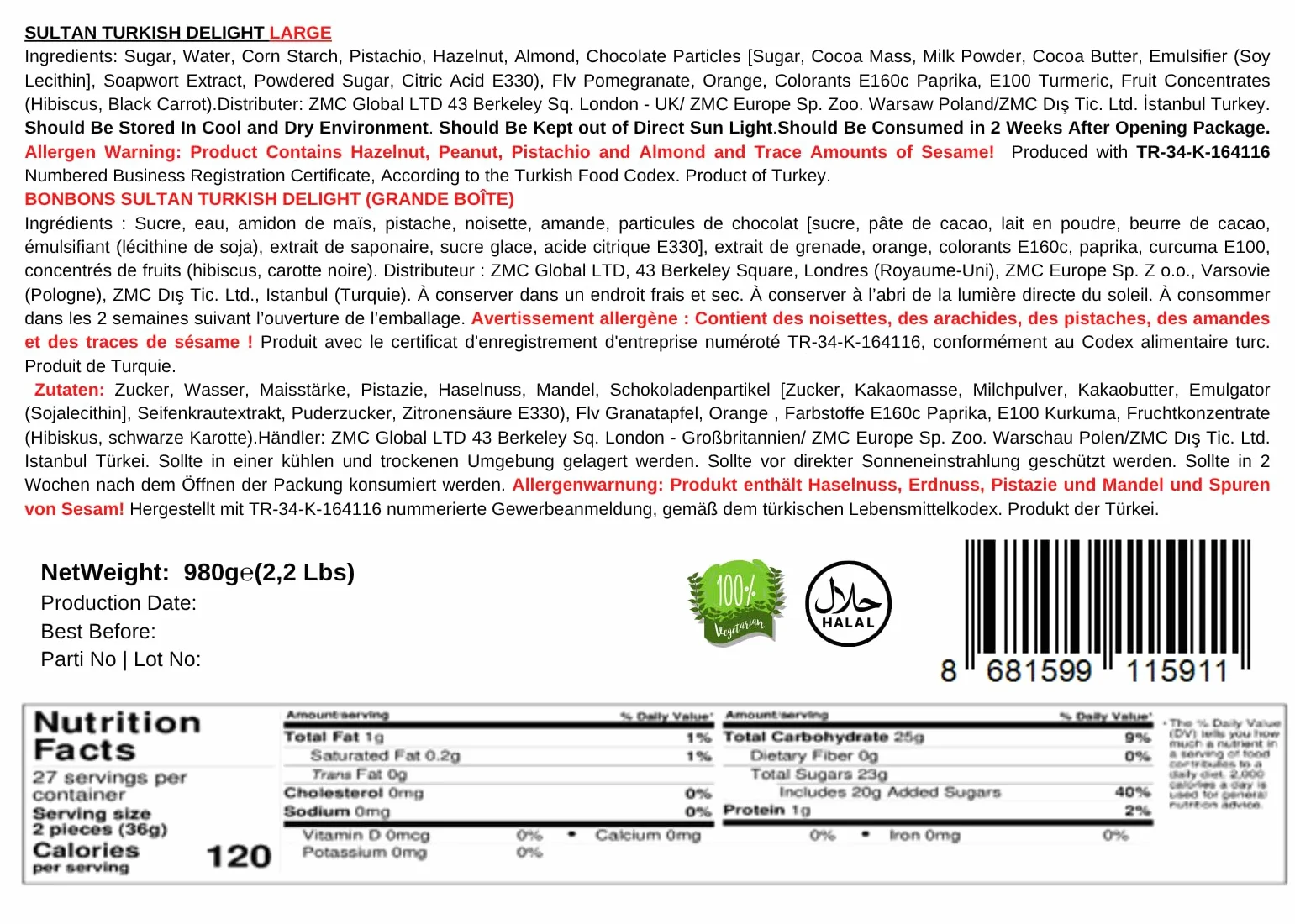 Mughe Gourmet - Delizie di Lokum con Pistacchi Sultan - Elegante Scatola Regalo di Lusso - Pistacchio, Arancia, Nocciola e Mandorle - 1000g - Halal e Vegetariano - Perfetta per Compleanni, Natale