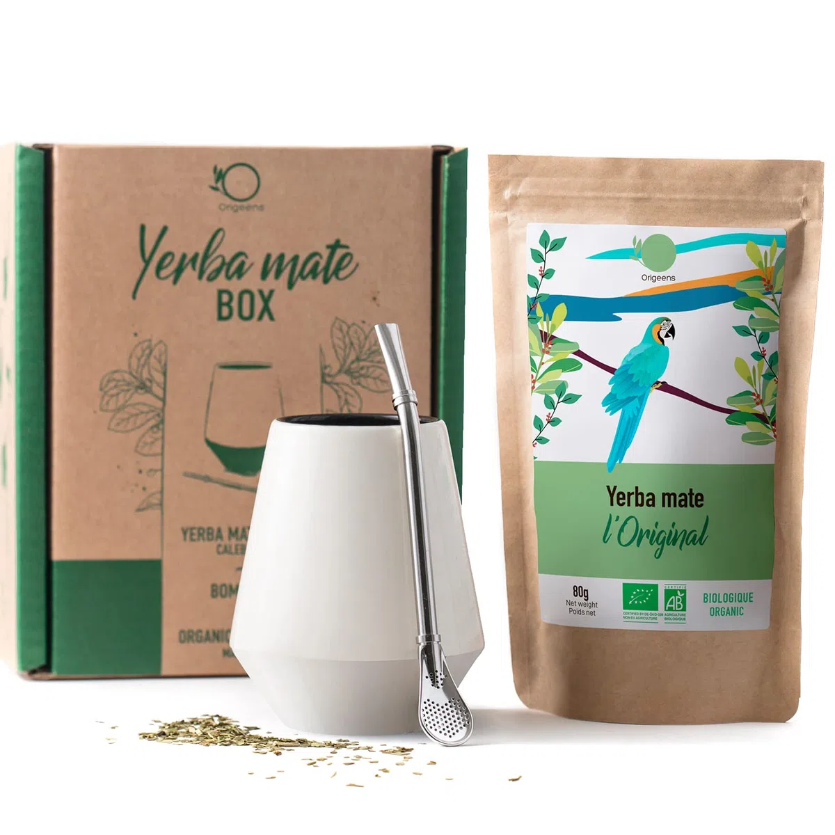 ORIGEENS YERBA MATE KIT COMPLETO - Tazza Mate Artigianale (Portogallo), Bombilla, Yerba Mate BIO - Kit Mate Pacchetto Regalo Originale