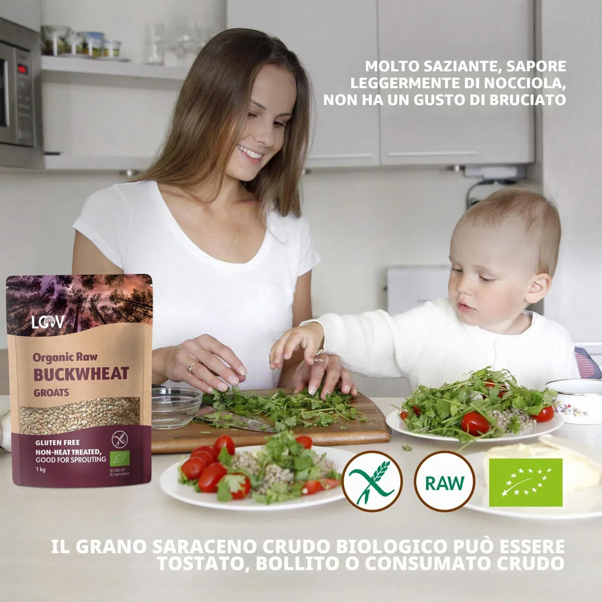 Semola di Grano Saraceno Crudo, Biologico e Senza Glutine, 1 kg, non Trattato Termicamente, Tutti i Nutrienti Sono Preservati, Sapore di Nocciola, Coltivazione Biologica in Clima Nordico, Non-OGM