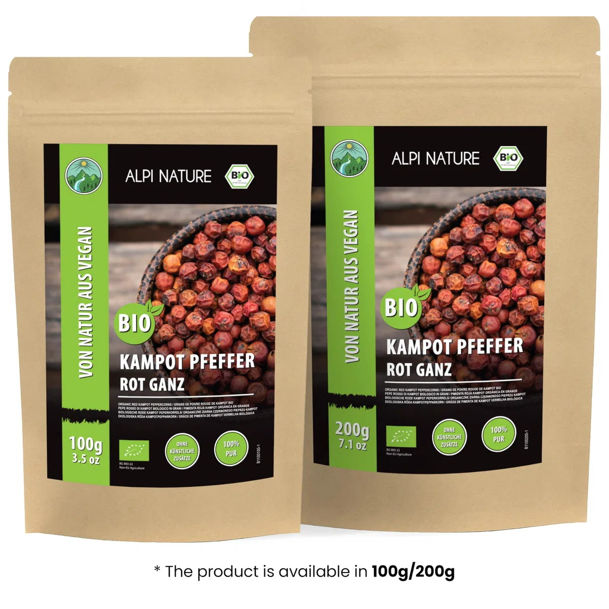 Alpi Nature Pepe Rosso di Kampot BIO 200g, Grani di Pepe di Kampot Biologico Interi per Cucinare