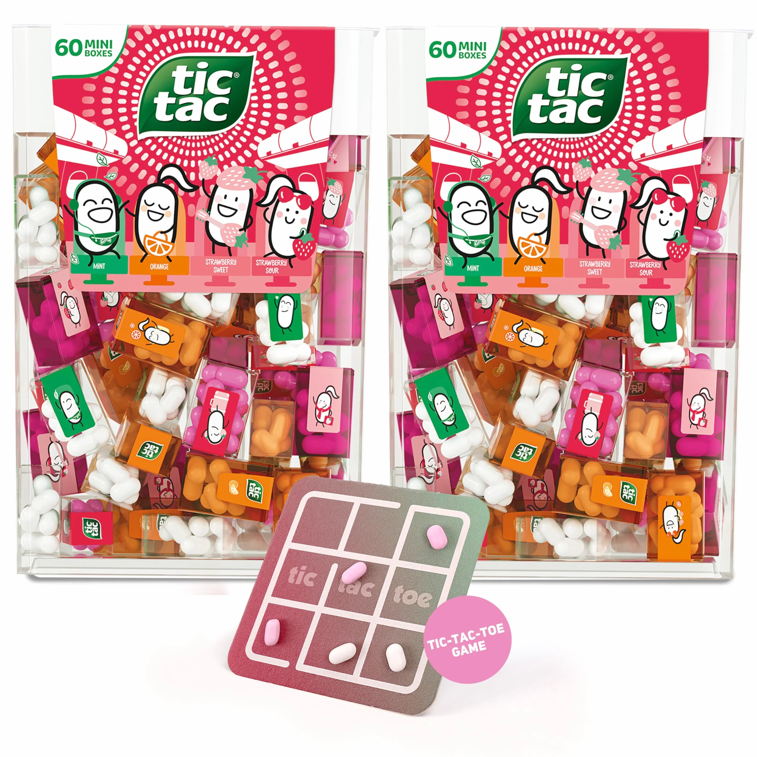 Tic Tac Strawberry Mix Confezione Doppia – 60 Mini Box per Set (4 Gusti) + Gioco Tris – 120 Mini Caramelle per Feste Bambini, Bomboniere, Compleanni e Sorprese Dolci