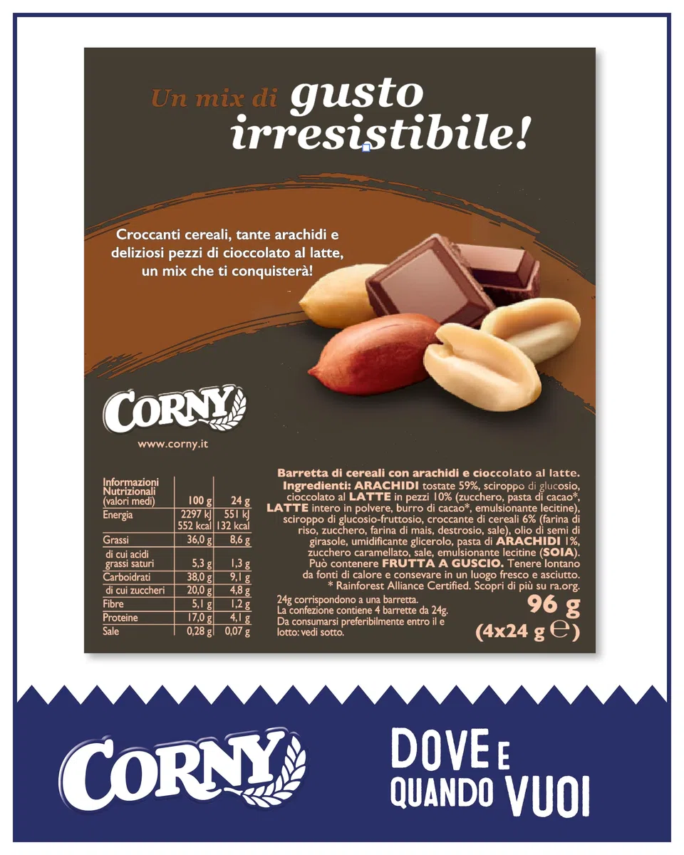 Corny Nuts Barrette Arachidi e Cioccolato al Latte, Senza Olio di Palma, Fonte di Fibre, 4 Barrette da 24g, Confezione da 10 Scatole