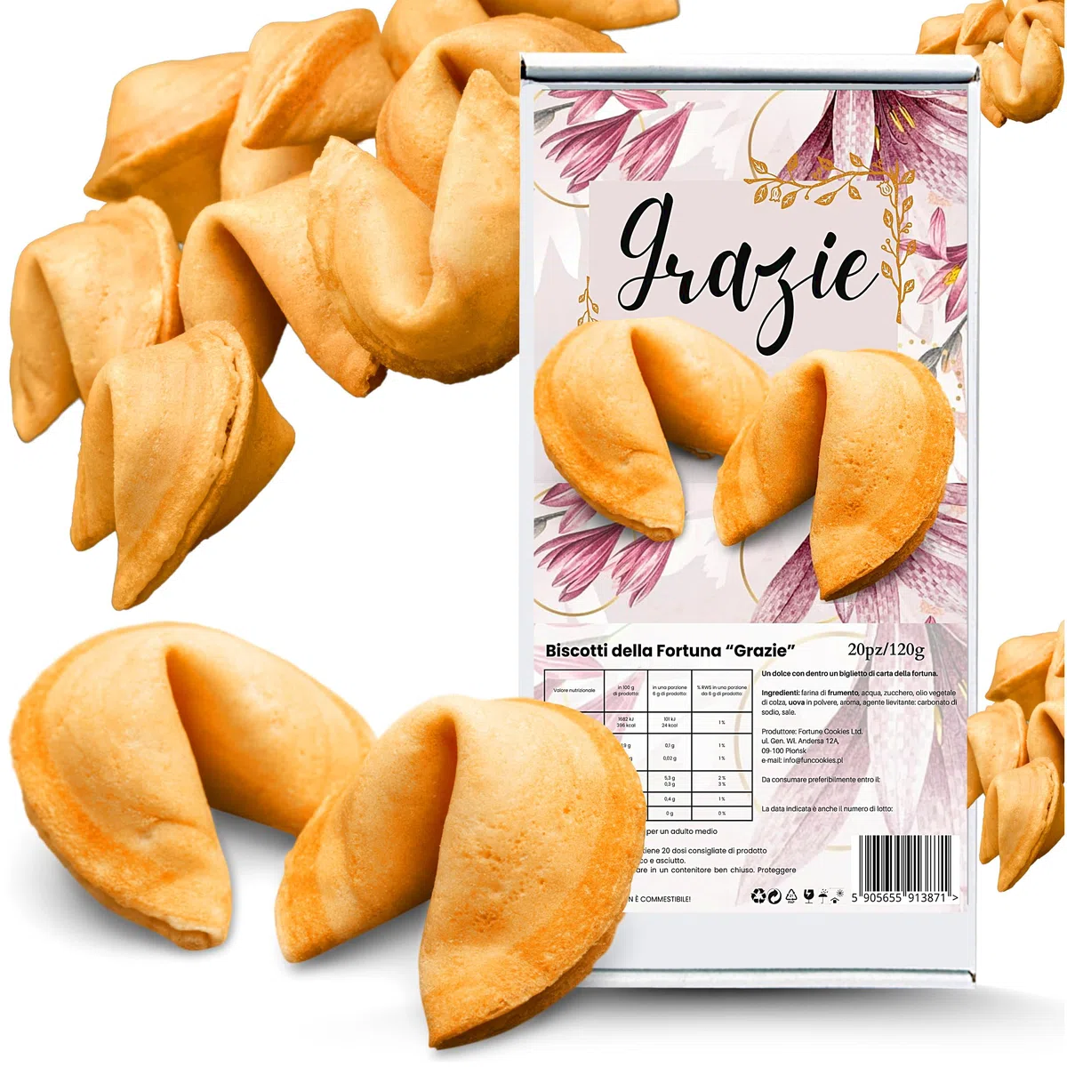 D&D FUN COOKIES Set di ''Cookies Classic'' 20 pezzi 120g Biscotti della Fortuna Cinesi, Biglietti Profetici, Biscotti portafortuna ''Grazie'',come regalo, per gli ospiti