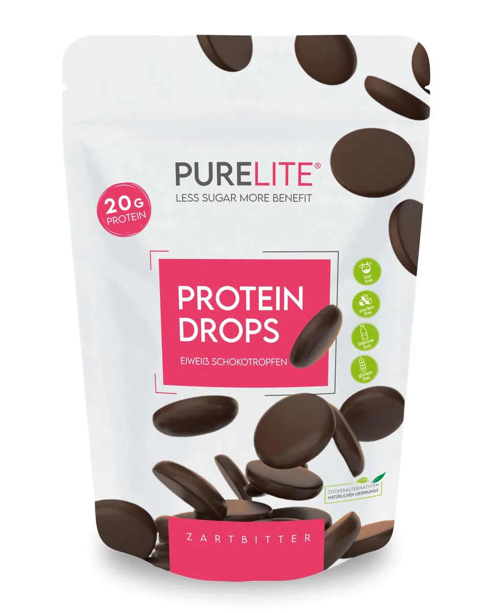 PURELITE Protein Drops fondente vegano, 20 g/100 g proteine, senza zucchero, 60% cacao, a basso contenuto calorico, dolcificati con eritritolo e stevia, ideali per snack, cottura e fonduta – 450 g.
