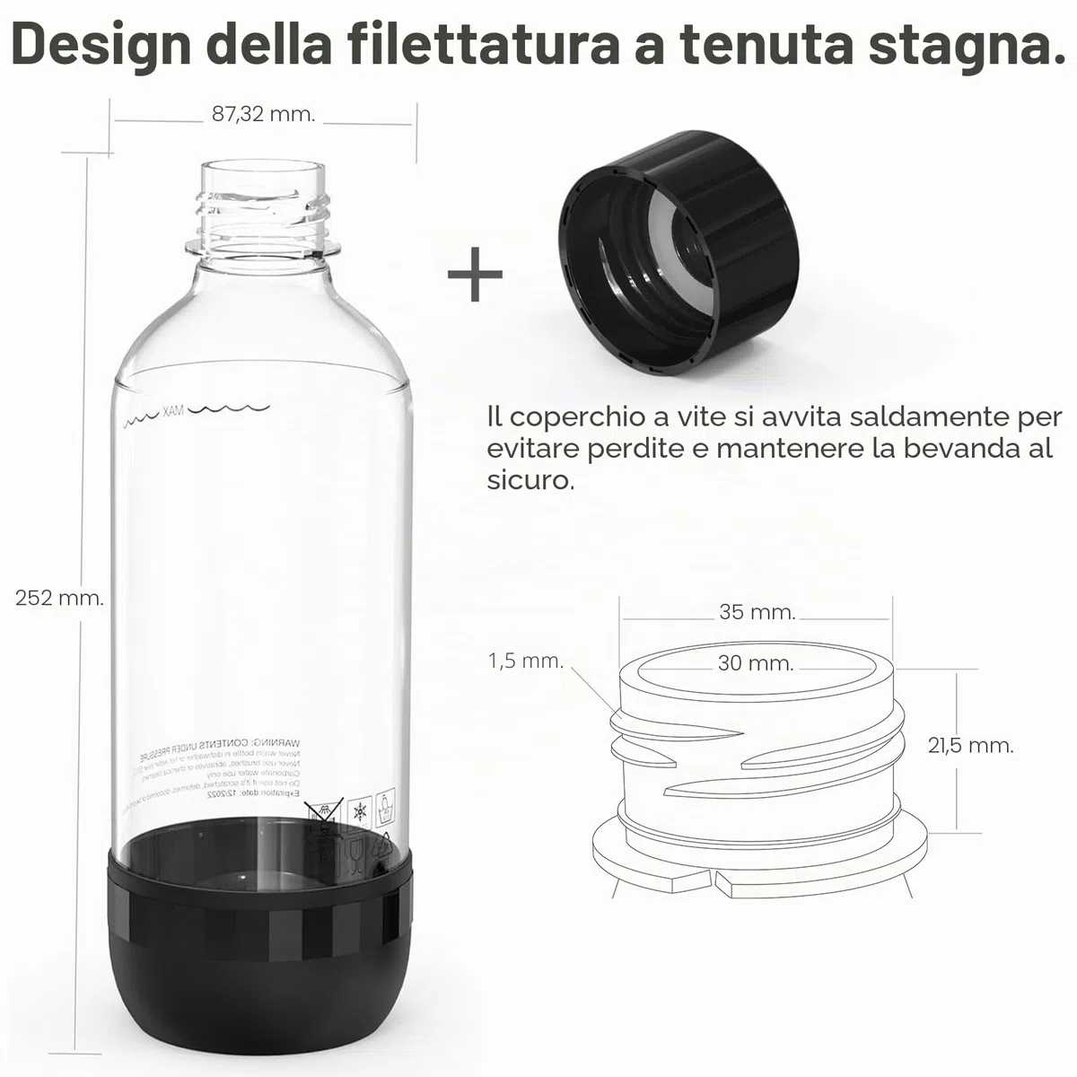 Bottiglie per Soda 1L, Confezione da 2, Senza BPA, PET, Riutilizzabili, 2x Nere, Compatibili con Macchine per Soda e Acqua Frizzante