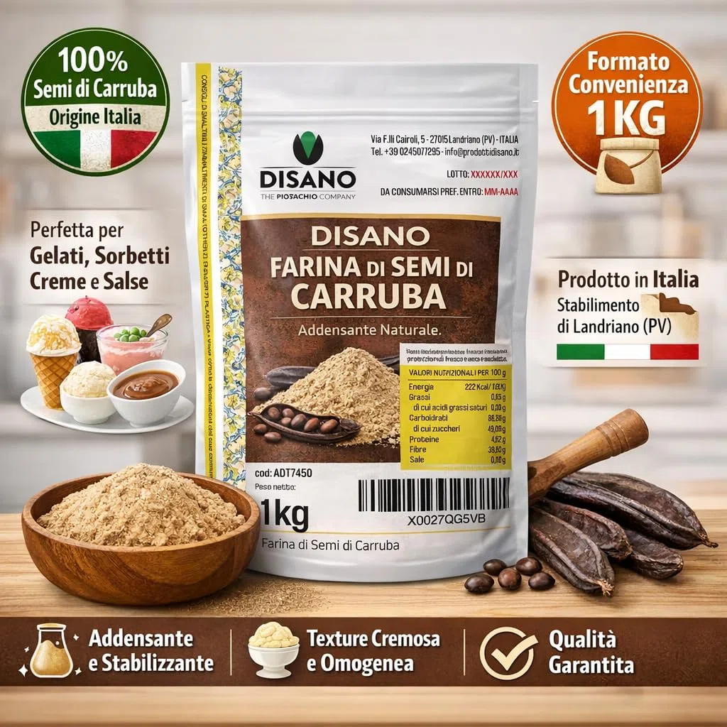 Farina di semi di carruba, 1 kg, origine Italia, uso come addensante/stabilizzante per gelati, sorbetti, condimenti e salse. Disano