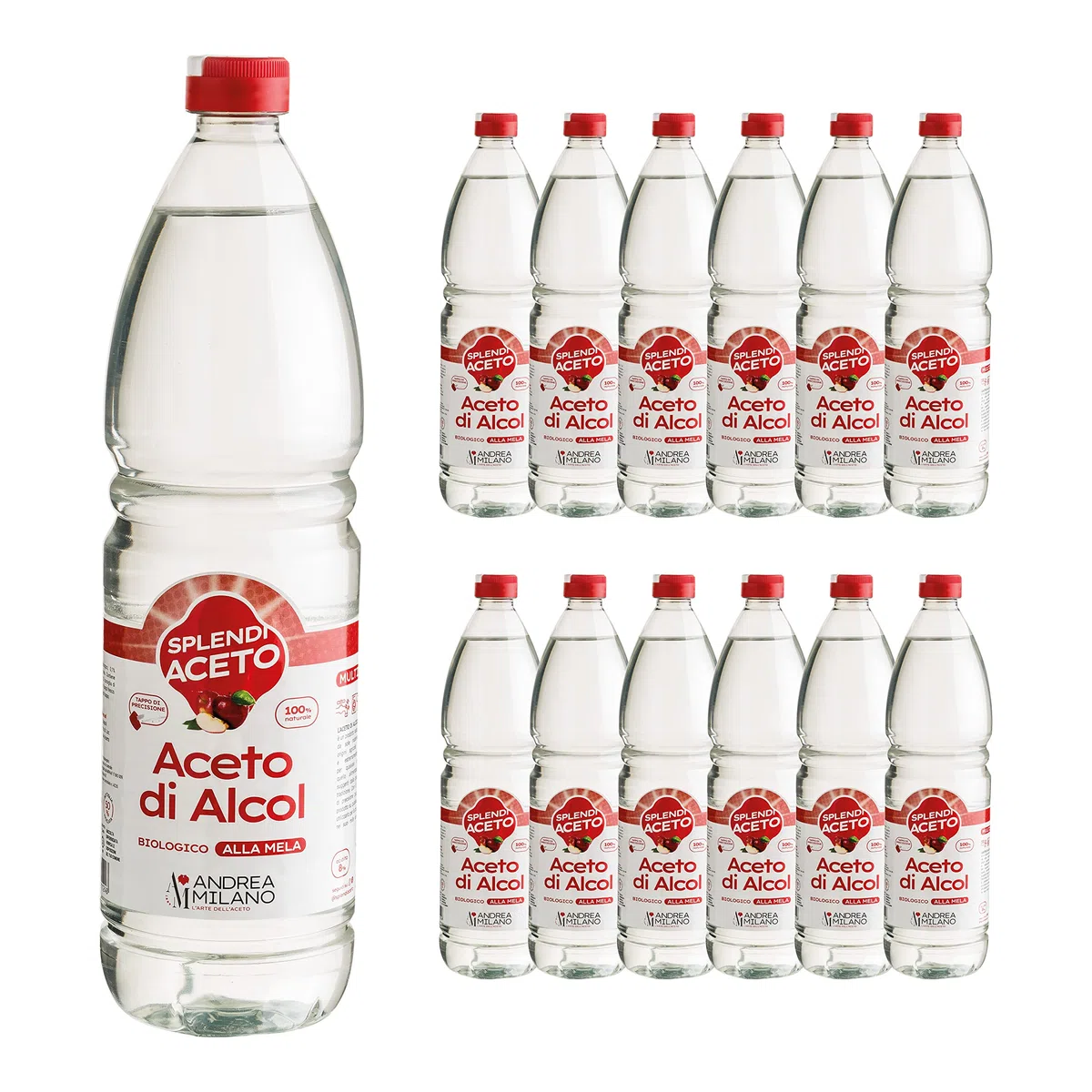 Andrea Milano, Splendi Aceto, Aceto di Alcool 100% Naturale Aromatizzato alla Mela, Acidità 8%, per Qualsiasi Impiego, Multiuso, Ideale per la Pulizia della la Casa, 12 Bottiglie PET da 1 L