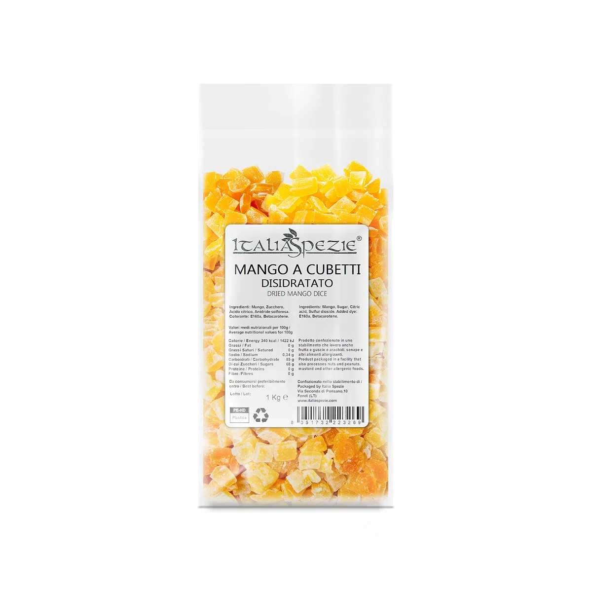 ITALIA SPEZIE - Mango disidratato a cubetti, mango essiccato, snack, muesli, Frutta Essiccata, Frutta Esotica Disidratata, Snack Sano