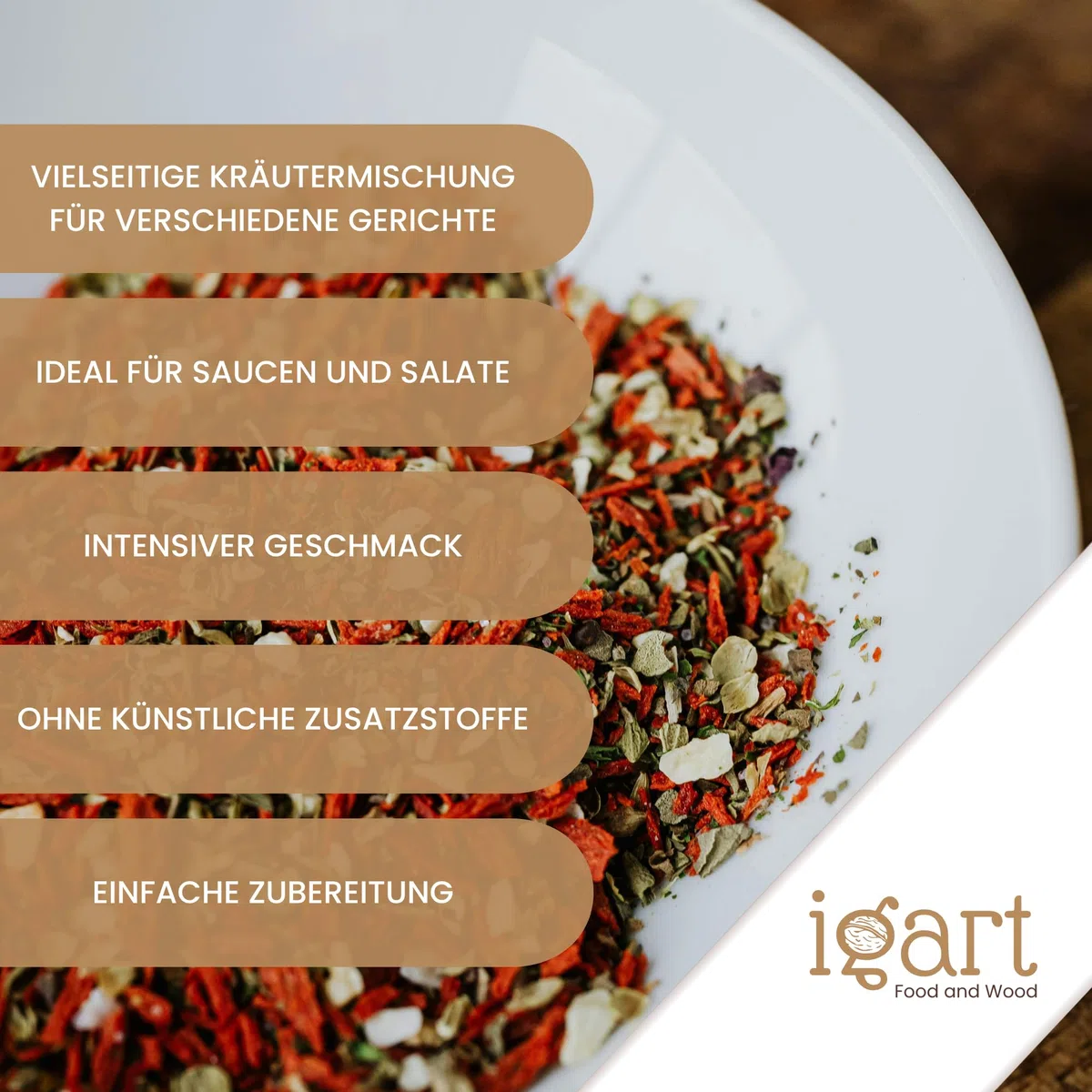 IGART FOODeWOOD Mix di spezie pomodoro-aglio-basilico 500g, miscela di spezie italiane, erbe mediterranee per pasta e pizza, ideale per bruschetta e marinature, 100% ingredienti naturali