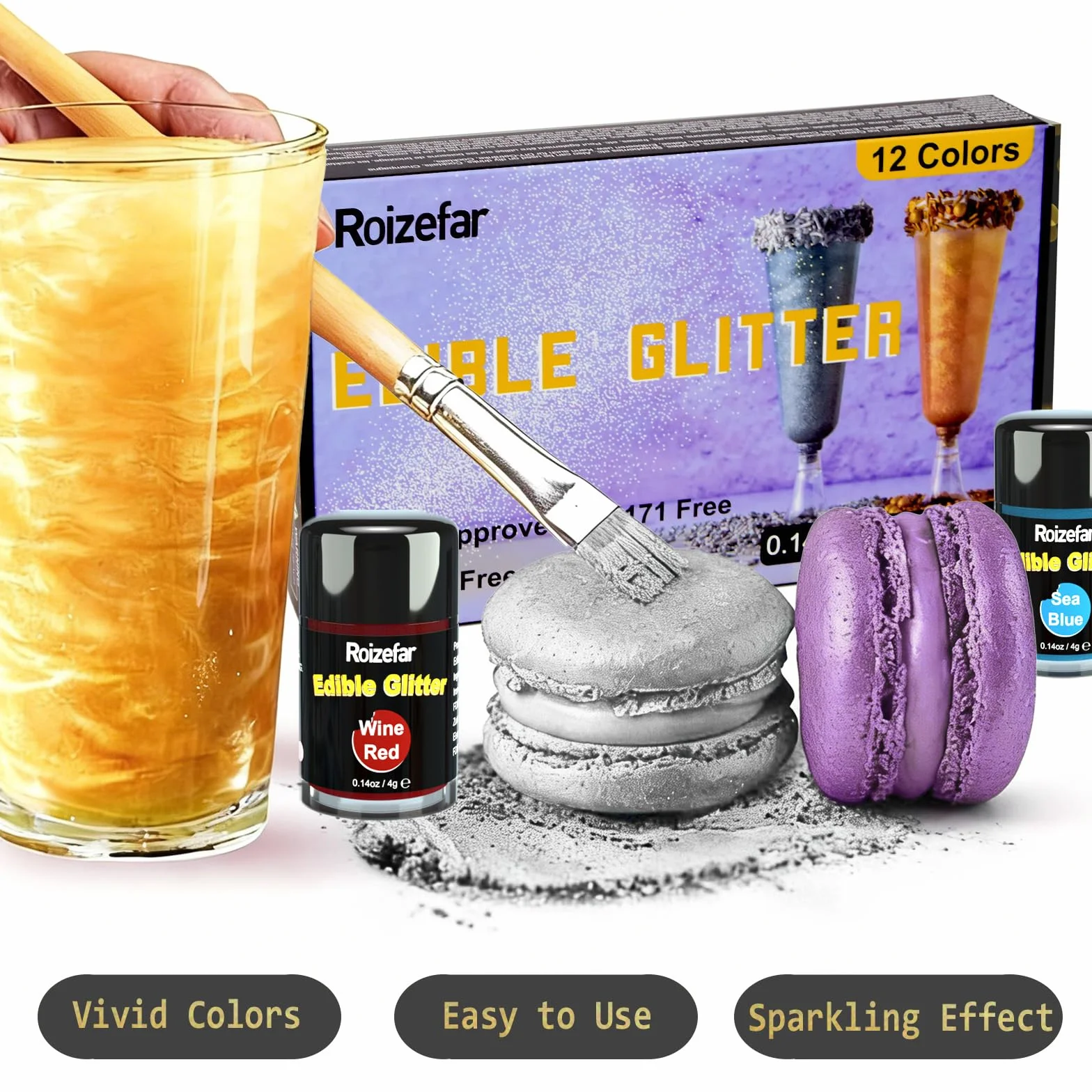 Roizefar Glitter Commestibili 12 colori x 4g Glitter in Polvere per Alimenti, Bevande in Polvere, Polveres Glitter per Alimenti, Torte, Bevande, Liquidi, Cioccolato, Panna
