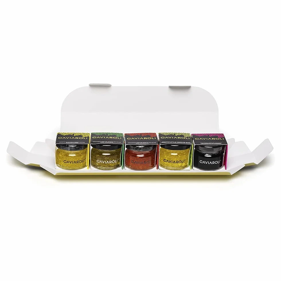 Caviaroli - Sferificazione di Olio Extra Vergine e Aceto - Perle Gelificate Gourmet per Condimenti e Decorazioni, Pack 5 Sapori, Olio, Peperoncino, Basilico, Wasabi e Aceto di Modena - 3x20g
