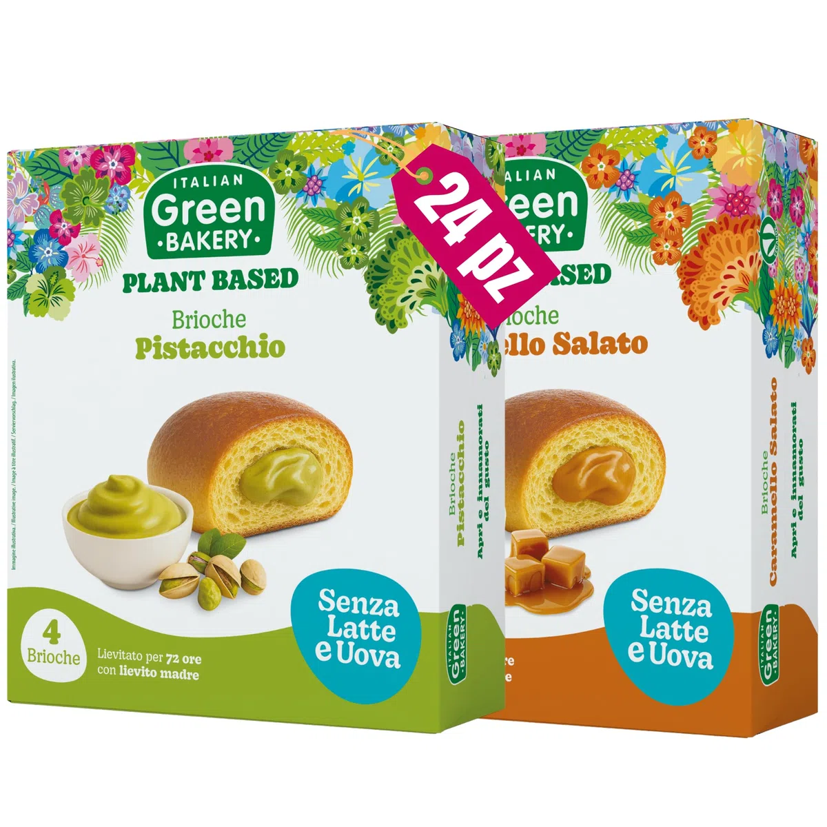 Brioche Vegane 2 Gusti con Crema al Pistacchio e Caramello Salato, Senza Lattosio, Latte e Uova, Merendine Artigianali Plant Based con Lievito Madre, 45gr x 24pz. (6 Confezioni) - Vegan With Love
