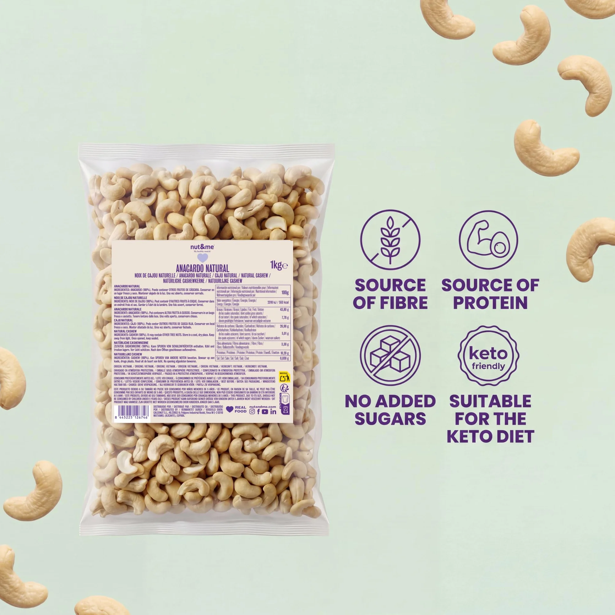 Anacardi naturali 1 kg nut&me | Keto | Non salati e naturali | Anacardi crudi | Anacardi al naturale | vegetariano | Senza lattosio | Senza glutine | Vegano | Fonte di proteine | Fonte di fibre |
