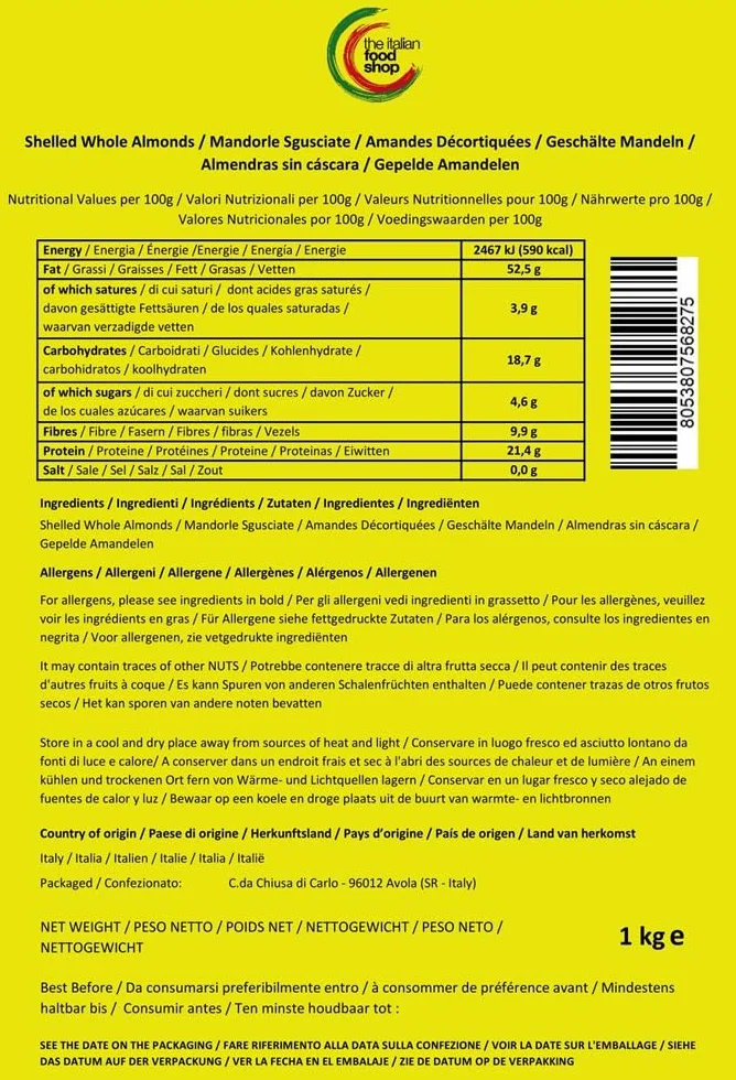 Mandorle Siciliane Sgusciate (1Kg) - Naturali | Senza Glutine | Keto | Ideali per Dolci