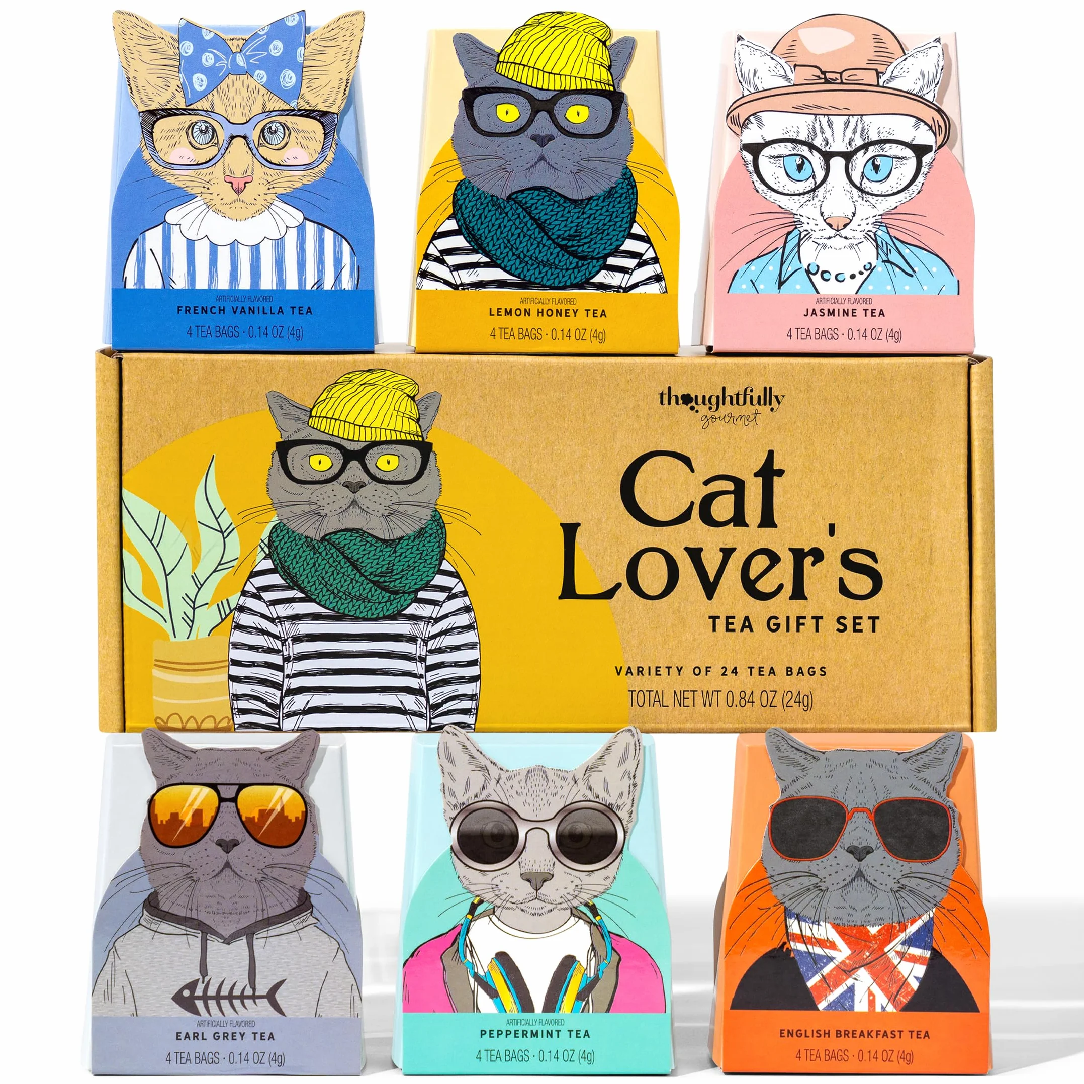 Thoughtfully Gourmet, set regalo per amanti dei gatti, include 24 tè in 6 gusti con elegante arte del gatto e citazioni divertenti per gatti mamme e papà gatto, set da 24