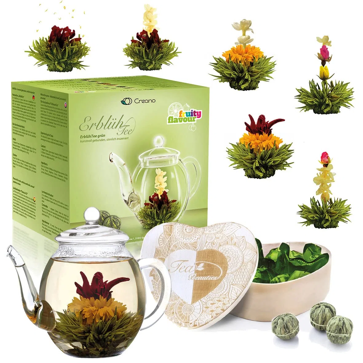 Creano Set Regalo Fiori di Tè – Miscela di 6 Tè Verdi con Fiori in Elegante Scatola di Legno + Teiera in Vetro 500ml
