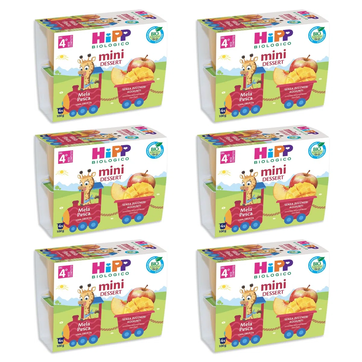 HiPP - Nuovi Mini Dessert, Frutta Grattugiata Bio, Gusto Mela e Pesca,Confezione da 24 Vasetti da 100 g