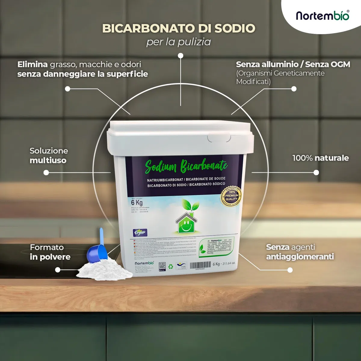 Nortembio Bicarbonato di Sodio 5 Kg 100% Naturale per Pulizia Multiuso. Senza Alluminio. Elimina Odori e Sporco. Cucina, Bagno, Tessuti. E-Book Incluso