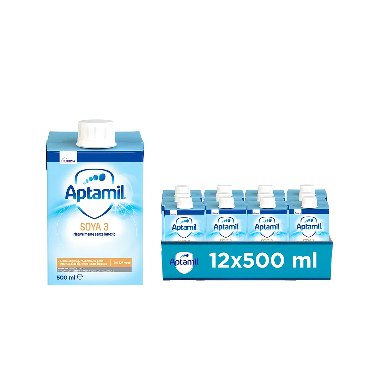 APTAMIL - Soya 3 - Alimento Liquido Senza Lattosio, Completamente Vegetale per Bambini dall'anno di età a Base di Proteine isolate di Soia - Formato da 6 litri (12 bottiglie da 500 ml)