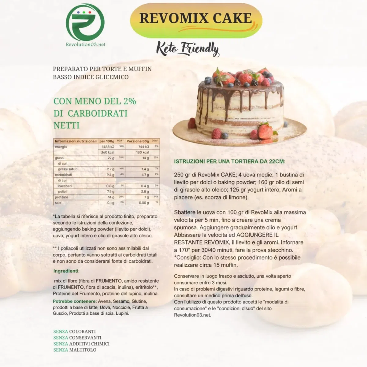 Revomix Cake Low Carb, Preparato per Dolci Keto Friendly, Zero Zuccheri Aggiunti, Senza Lattosio, Senza Coloranti, Senza Conservanti - 2 Confezioni da 1 RevoMix Cake ciascuna - 1 RevoMix Cake 500g