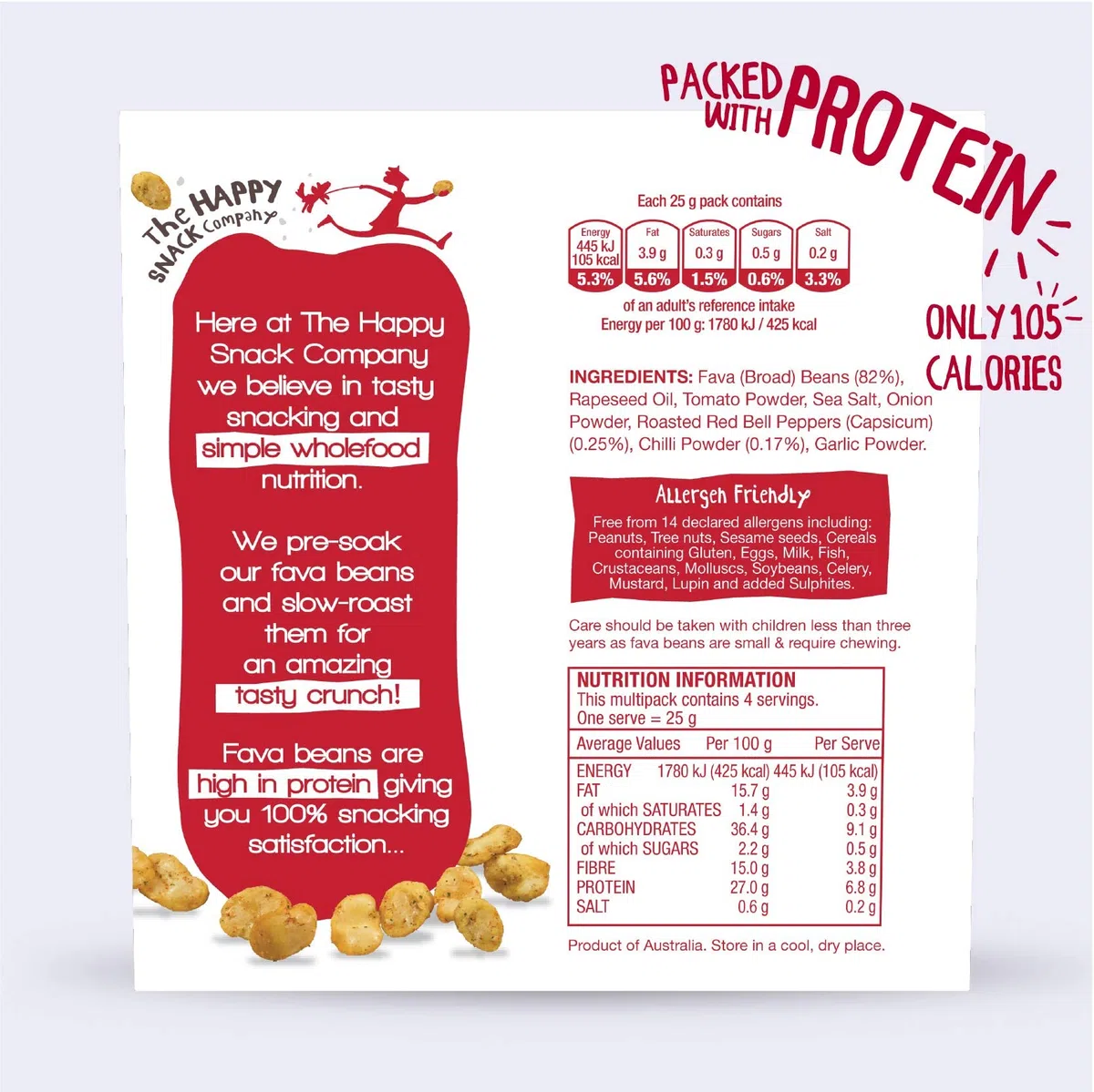 The Happy Snack Company Fave arrostite, pepe rosso e peperoncino Sapore spuntino sani, ad alto contenuto proteico, senza glutine, vegani, 105 calorie, 25 g, confezione da 20