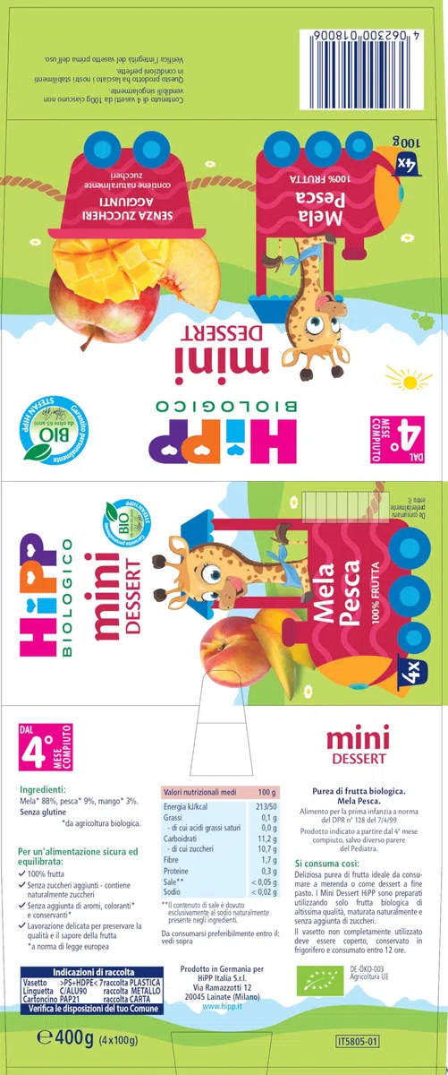 HiPP - Nuovi Mini Dessert, Frutta Grattugiata Bio, Gusto Mela e Pesca,Confezione da 24 Vasetti da 100 g