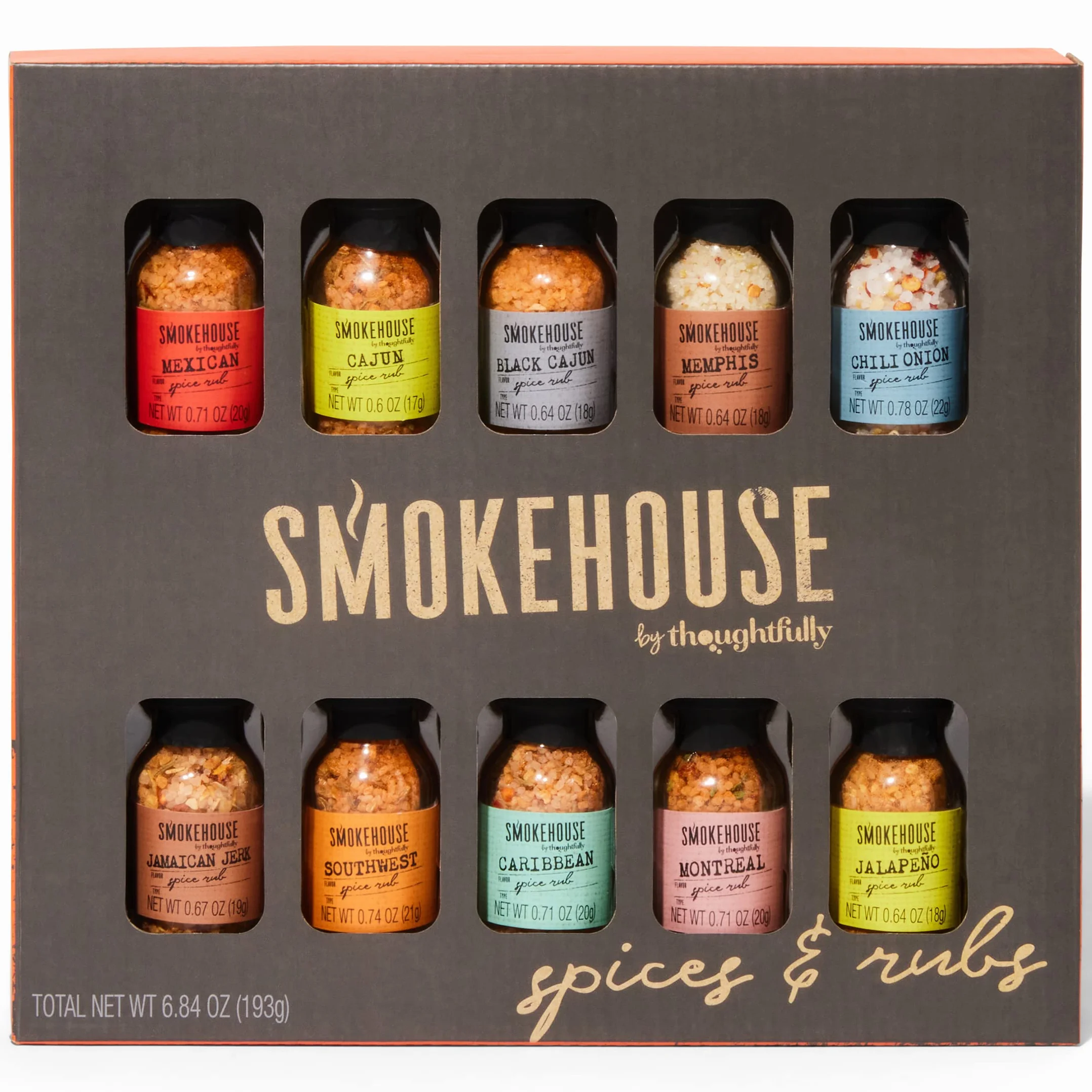 Smokehouse di Thoughtfully, set di spezie per grigliate gourmet in mini bottiglie di vetro, i gusti includono caraibico, jerk giamaicano, jalapeno, montreal e altro ancora, confezione da 10