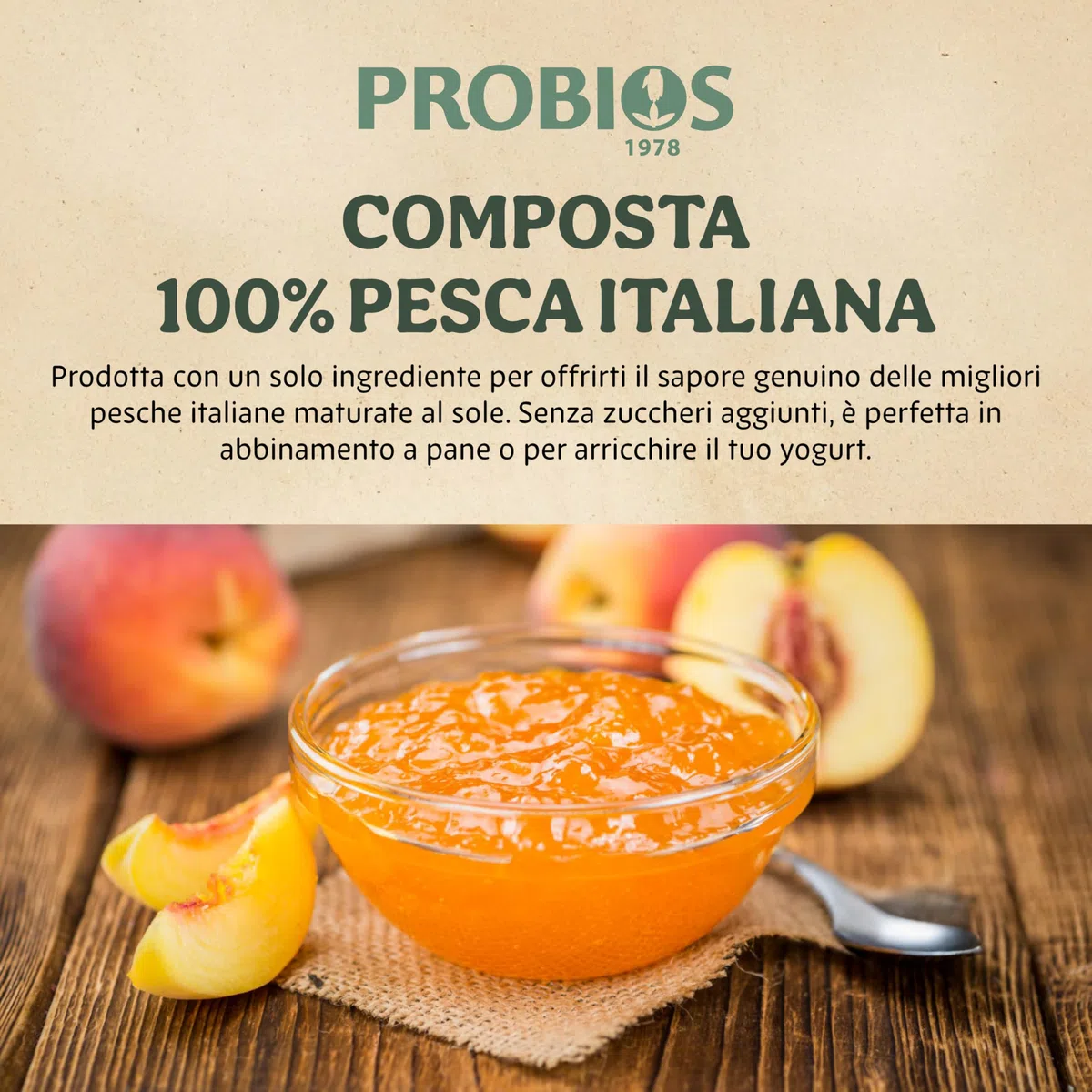 Probios Composta di Pesca Italiana Bio - Senza Glutine e Composta di Frutta Senza Zucchero - Dolcezza e Sapore Naturali - Confezione da 6 x 215 g