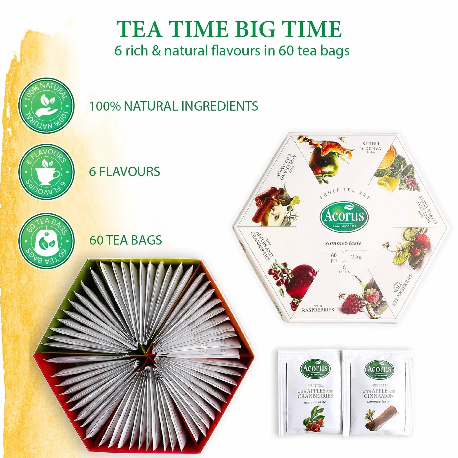 ACORUS Set di tè alla frutta al gusto estivo – Set da regalo, cestino di tè naturale assortito – Cofanetto grande con selezione di 60 bustine di tè – Campionario con 6 gusti di tè alla frutta e bacche