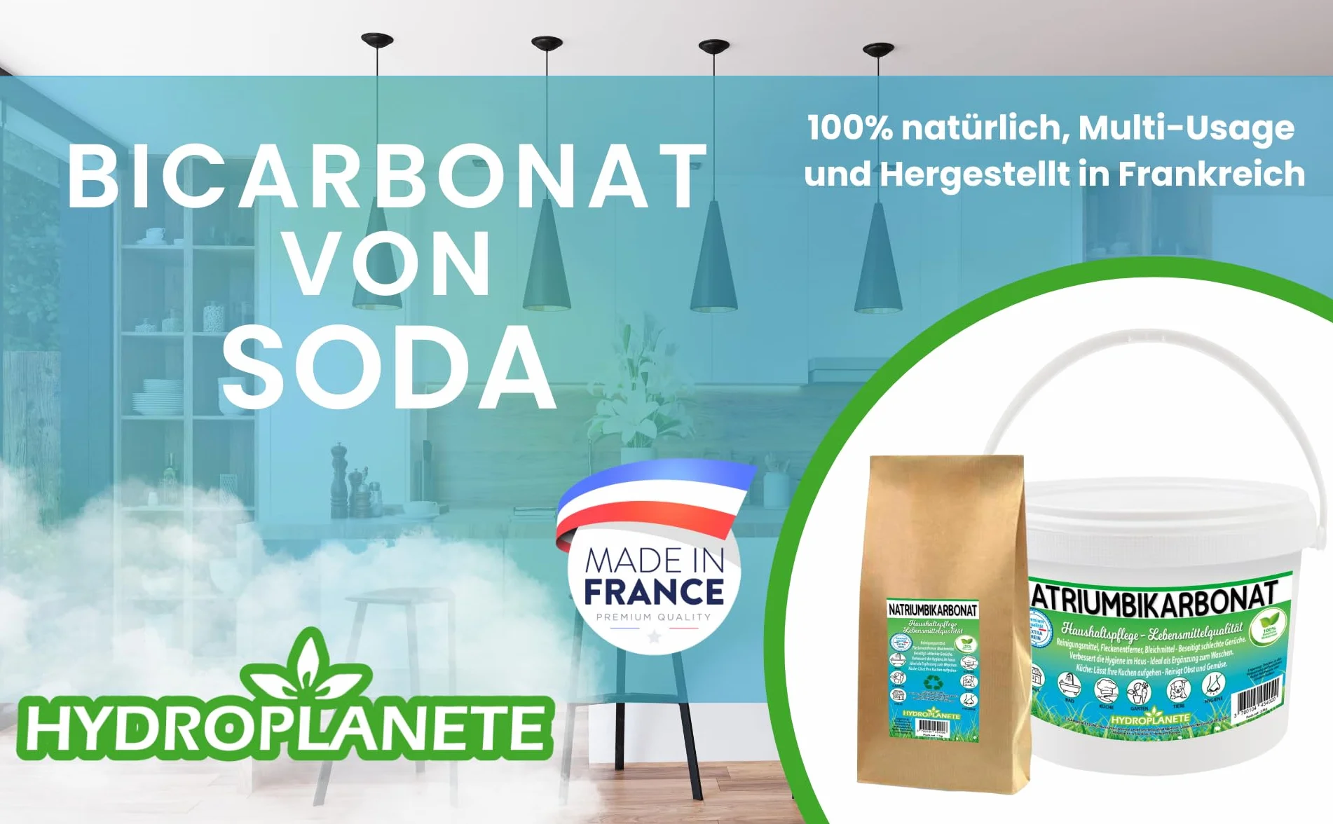 Bicarbonato di sodio multiuso - Polvere per uso alimentare e domestico - Senza additivi e 100% naturale - Prodotto in Francia - Disponibile da 1 kg a 20 kg - Hydroplanete