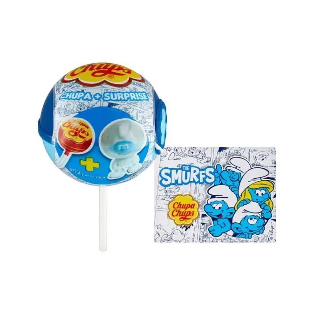 Confezione Per Chupa Chups Smurfs Lecca Lecca con Sorpresa, Gusto Fragola, 12 Sorprese "Smurfs", "Puffi" da Collezionare e Scambiare con i tuoi Amici, Lecca Lecca Monoporzioni,12g x 16 Pezzi