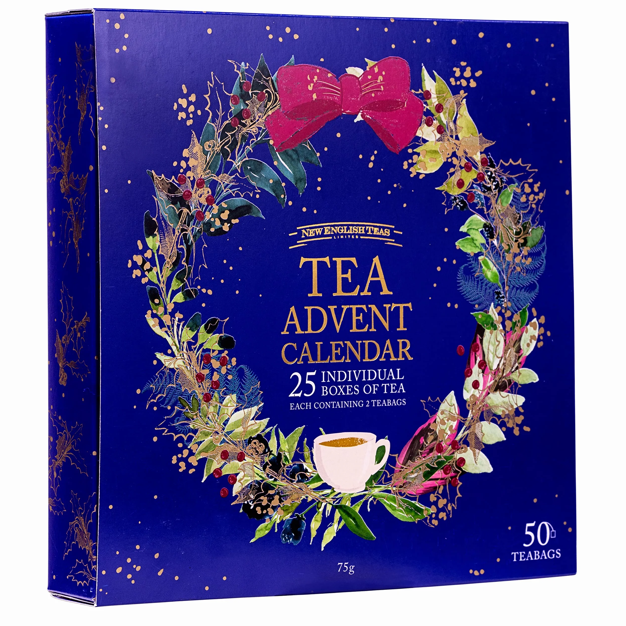 New English Teas Calendario dell'Avvento con tè di Natale, 50 bustine di tè piramidali, 5 miscele di tè nero, frutta e erbe