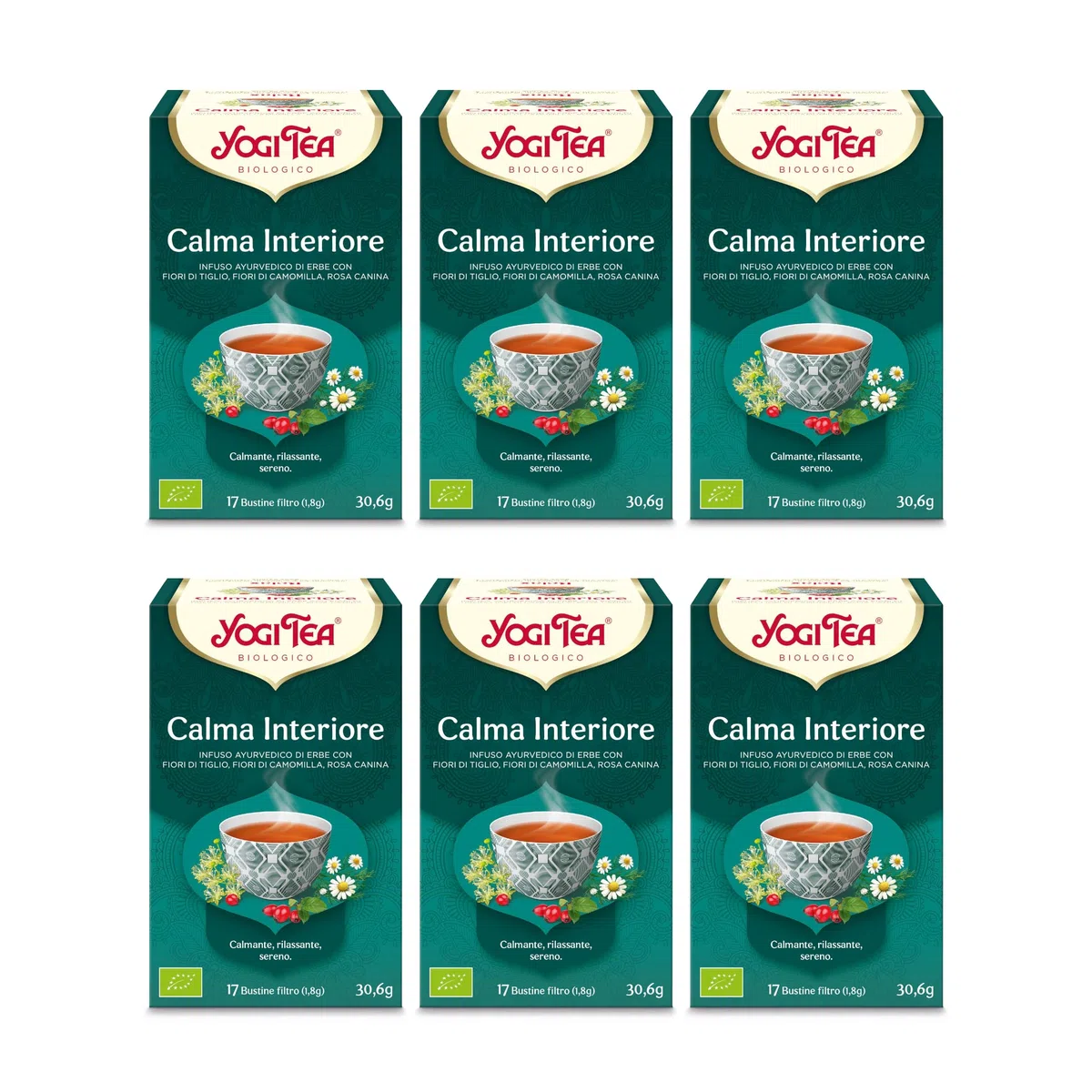 Yogi Tea Calma Interiore Bio - Infuso Ayurvedico - Miscela di Fiori di Tiglio, Camomilla e Rosa Canina - Senza Caffeina - Confezione da 6x17 bustine (102 bustine in totale)