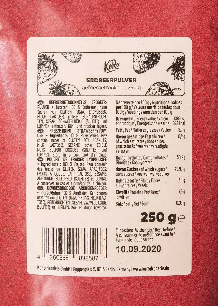 KoRo - Fragole liofilizzate in polvere 250 g - 100% fragole liofilizzate - versatili - maxi confezione