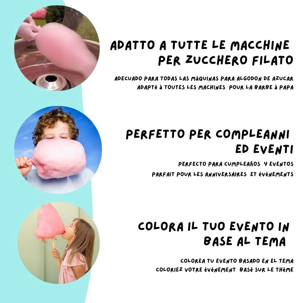 SEMAR | Zucchero per zucchero filato - 4 GUSTI di ZUCCHERO aromatizzato (1conf /100gr cad) + 100 bastoncini OMAGGIO (Fragola/Cola/Frutti di Bosco/Mela Verde)